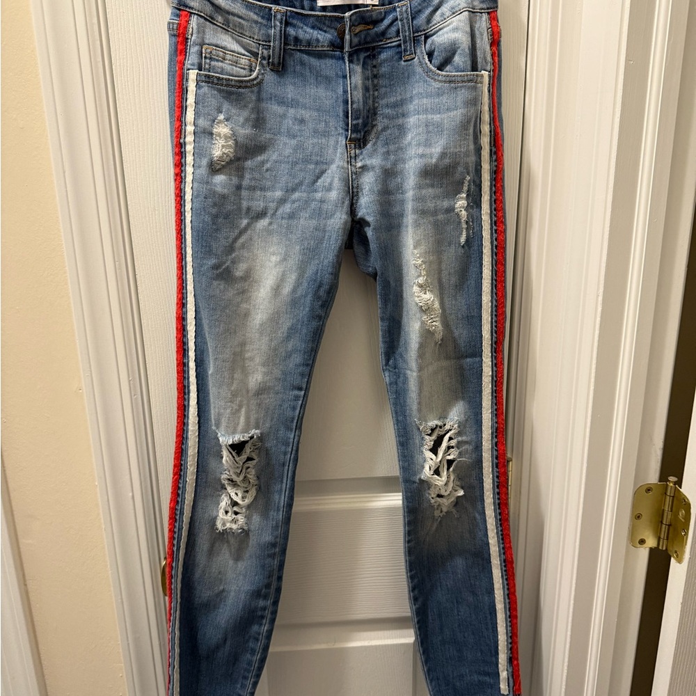 Cello Blue and Red Skinny Jeans with Distressed Style